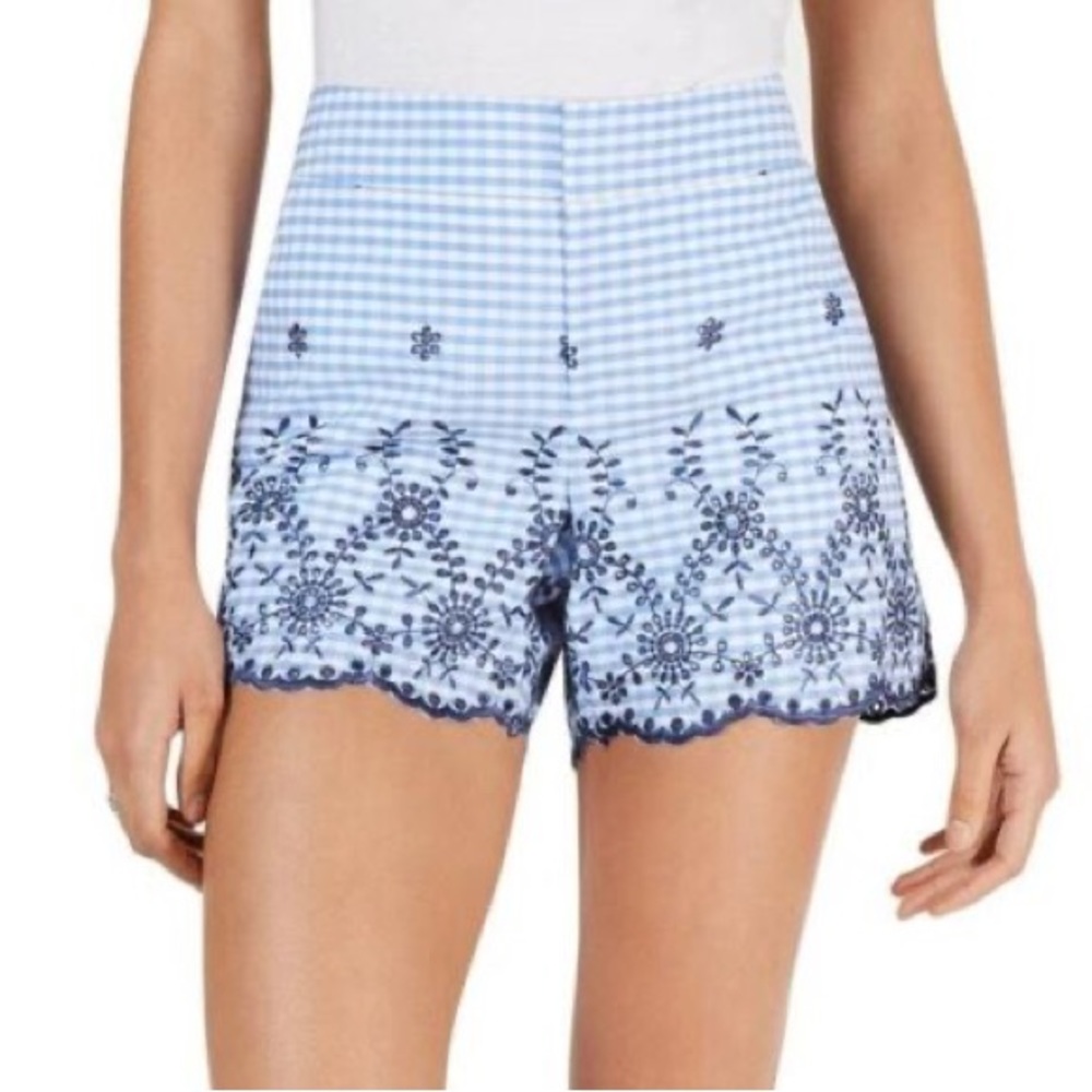 Maison Jules Woman's Blue Gingham Embroidered Pockets Zip Up Shorts - Size 2